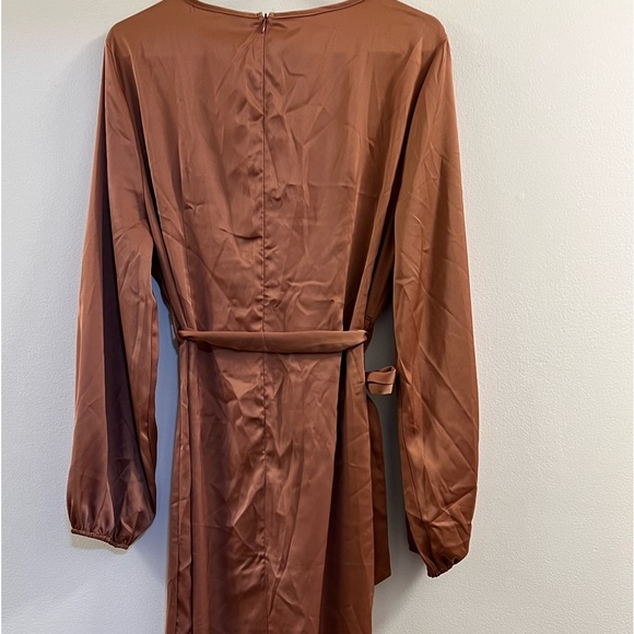 Satin Dress Deep V-Neck Long Sleeve Tie Waist Split Midi Dress W. - Picture 7 of 13